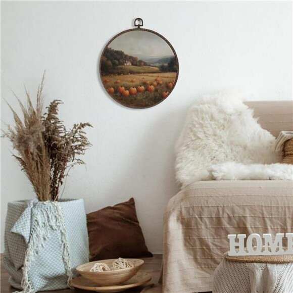 XNXLDYLH‎ Rustic Fall Pumpkin Patch Round Framed Wall Art Decor, Farmhouse - Picture 2 of 8
